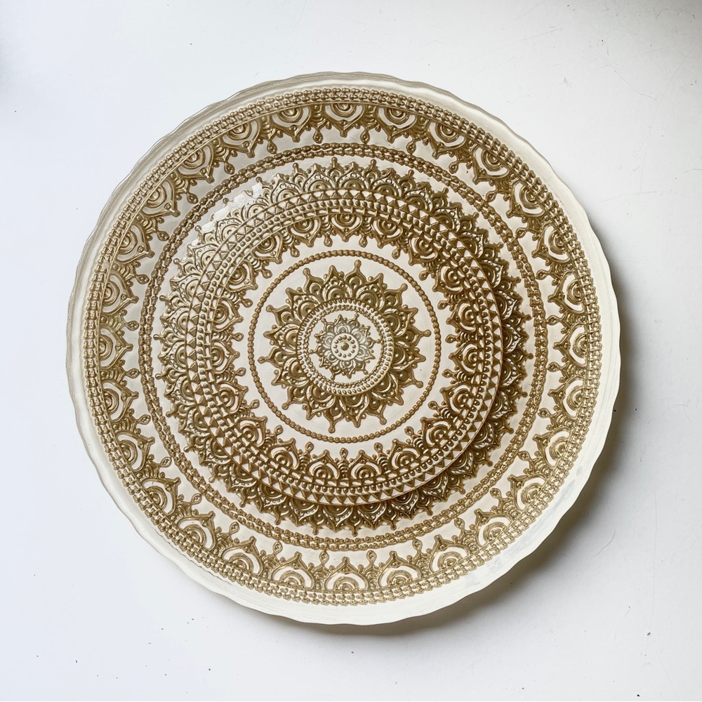 Gold Mandala Glass Charger Plate Clear Platter Boho Henna Decor Dish Geometric